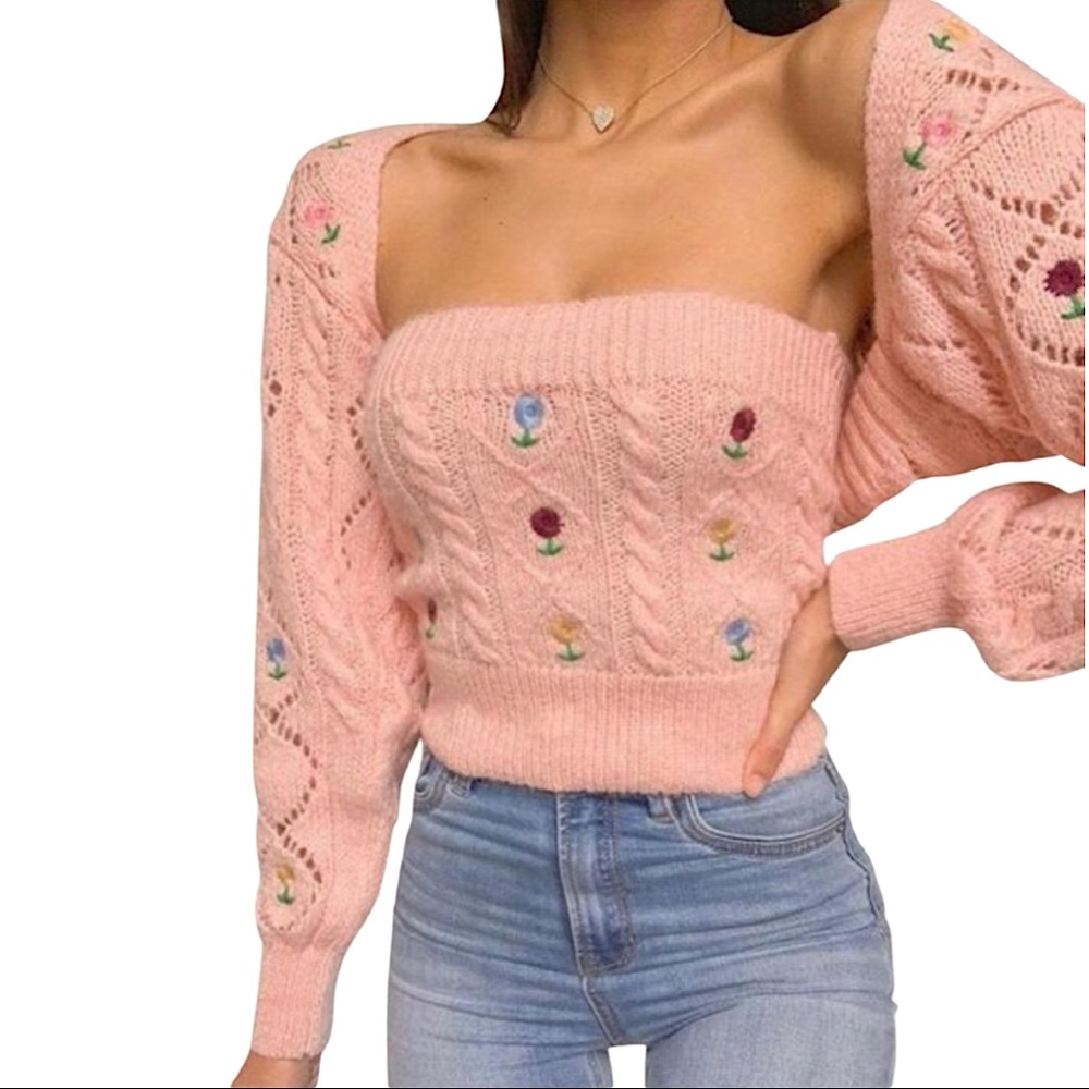 Zara Pink Floral Embroidered Cropped Cardigan - Picture 3 of 16
